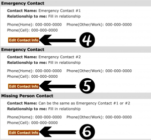 Select "Edit Contact Info" to update two emergency contacts and one missing person contact.